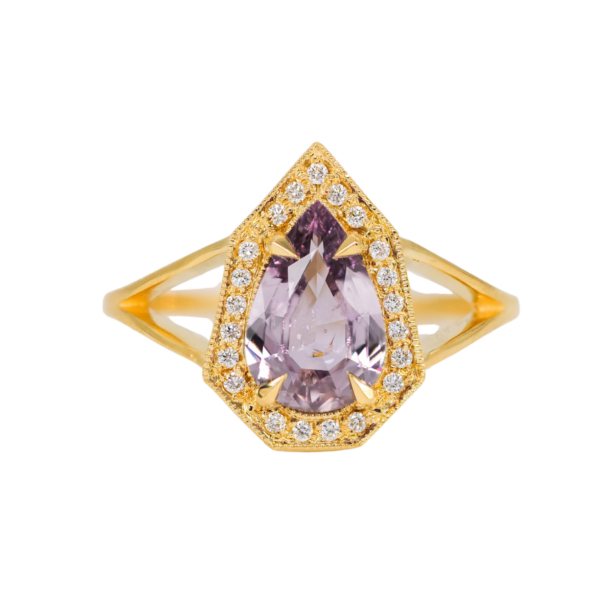 Fiat Lux Classic Phoebe Ring in 18K Yellow Gold with a pear-shaped sweetpea pink sapphire and clear stones.