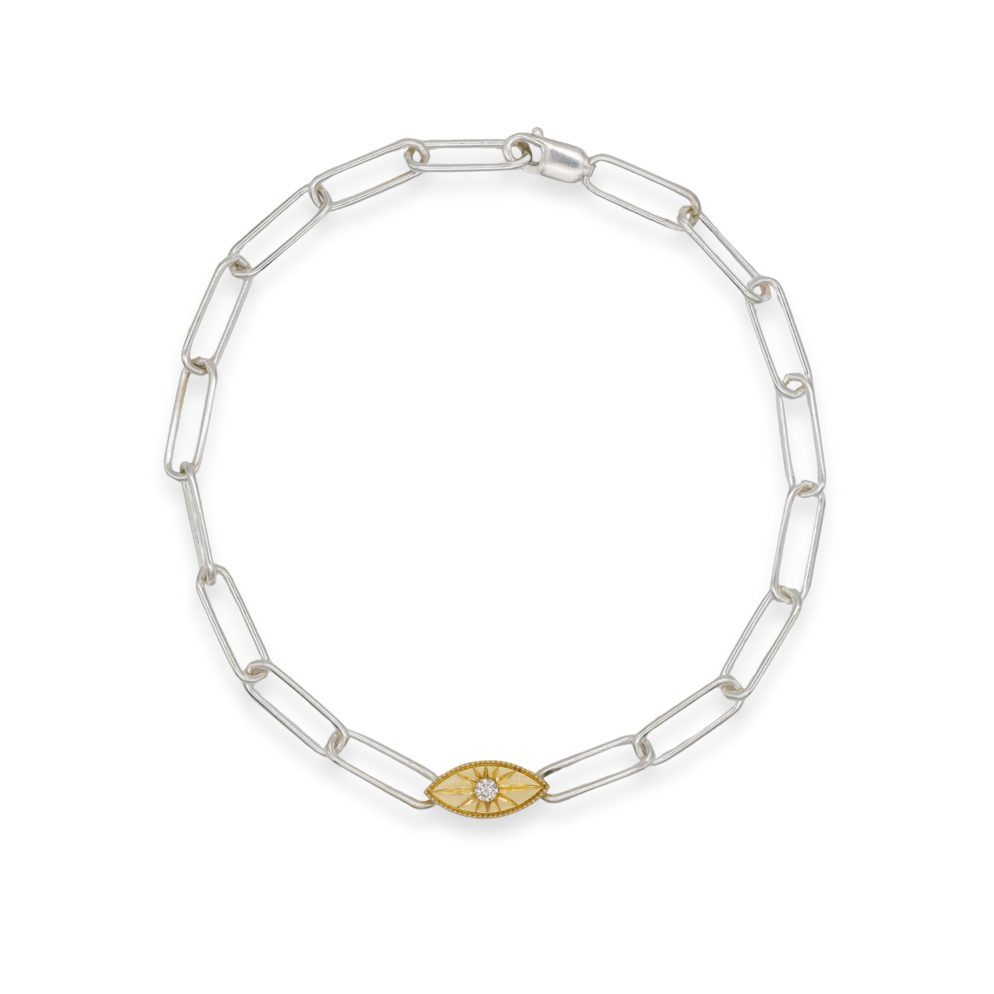 Fiat Lux Grande Mati Bracelet (G) features large silver links and a 14K gold evil eye charm with a white stone.