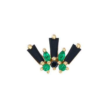 BVLA De Leon: 14K gold flatback stud with black, green & blue gems in a fan-shaped piercing design.