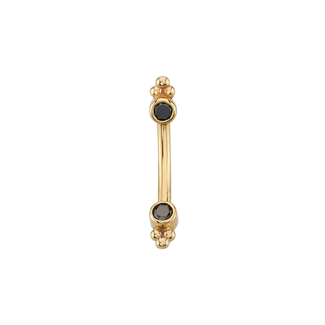 BVLA Tri Bead Bezel Barbell: 14K gold curved barbell with black stones and gold beads, ideal for elegant piercings.