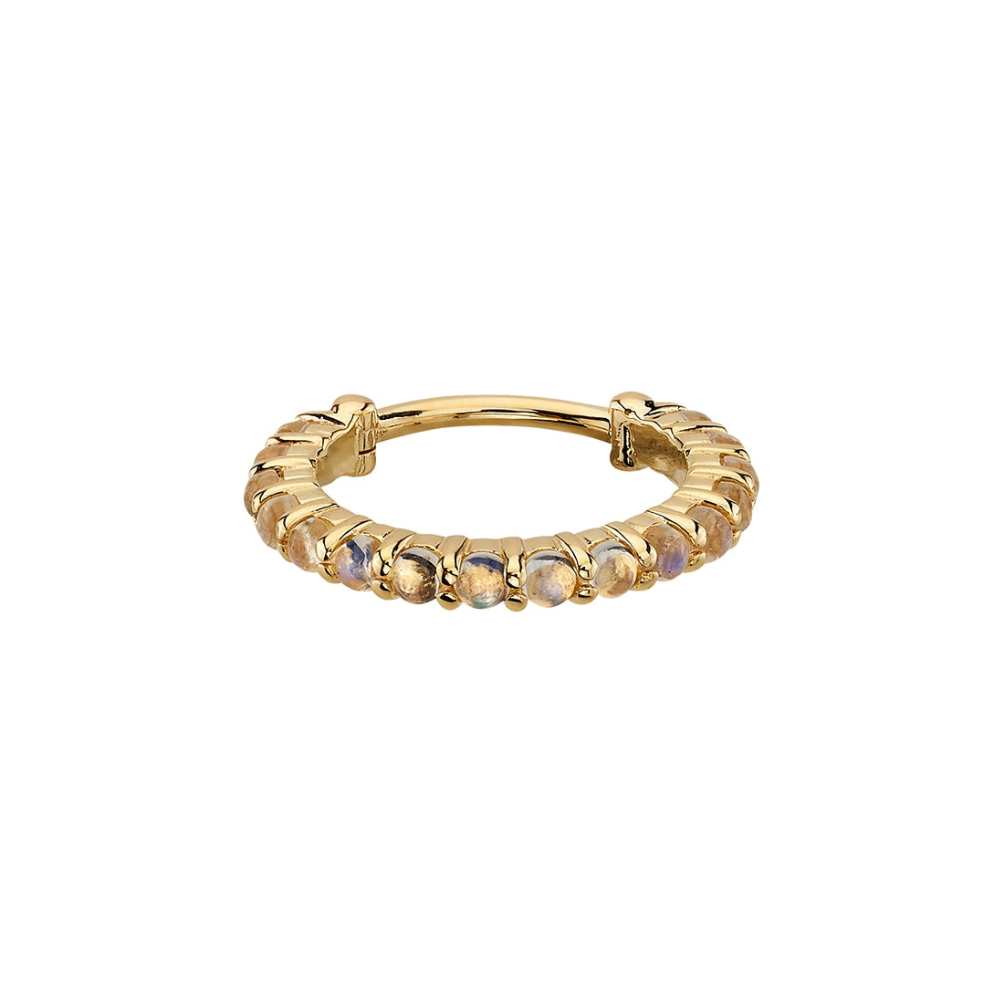 BVLA Cabochon Telesto Hinge Ring: a 14K gold hinged hoop set with a row of small, round, iridescent cabochon gemstones.