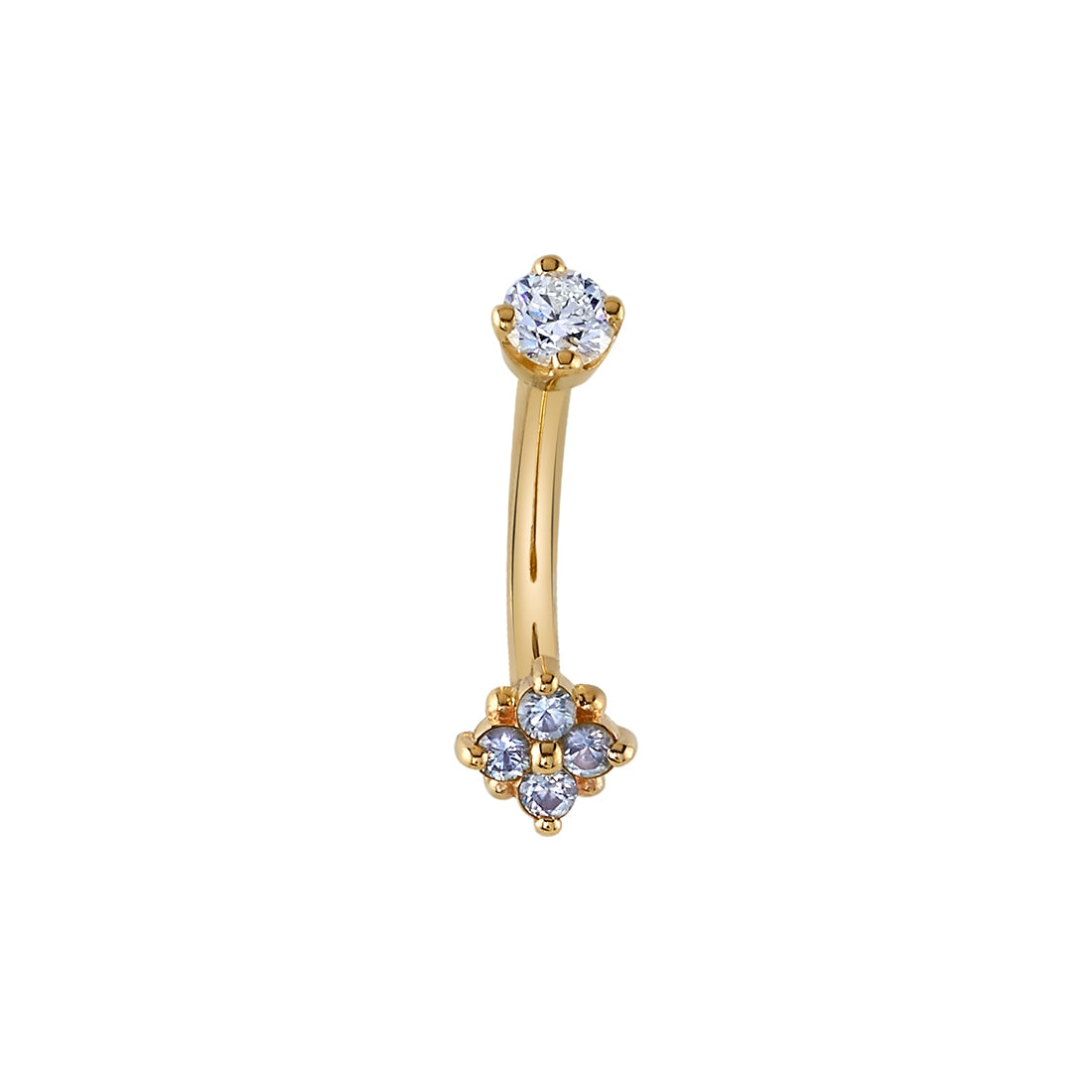BVLA Reema Barbell: 14K gold curved barbell with white diamond flower cluster—elegant piercing jewelry.