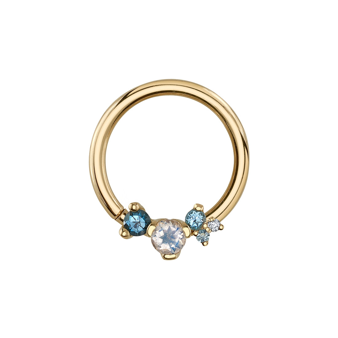 BVLA Ripple Ring: 14k gold seam ring with a cluster of blue and clear round gemstones.