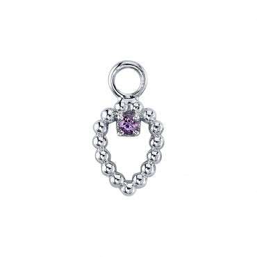 BVLA Sophie Tear Charm: heart-shaped silver pendant with beaded edges and a small purple gem at the top center.