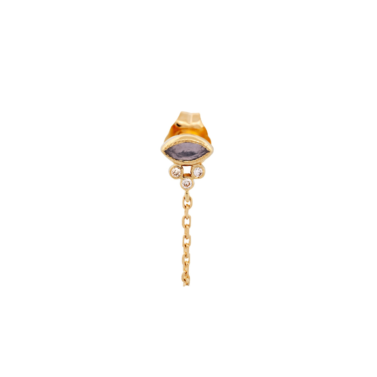 Celine Daoust Single Marquise Chain Earring in 14K gold with a marquise-cut stone, two small diamonds, and a dangling chain.