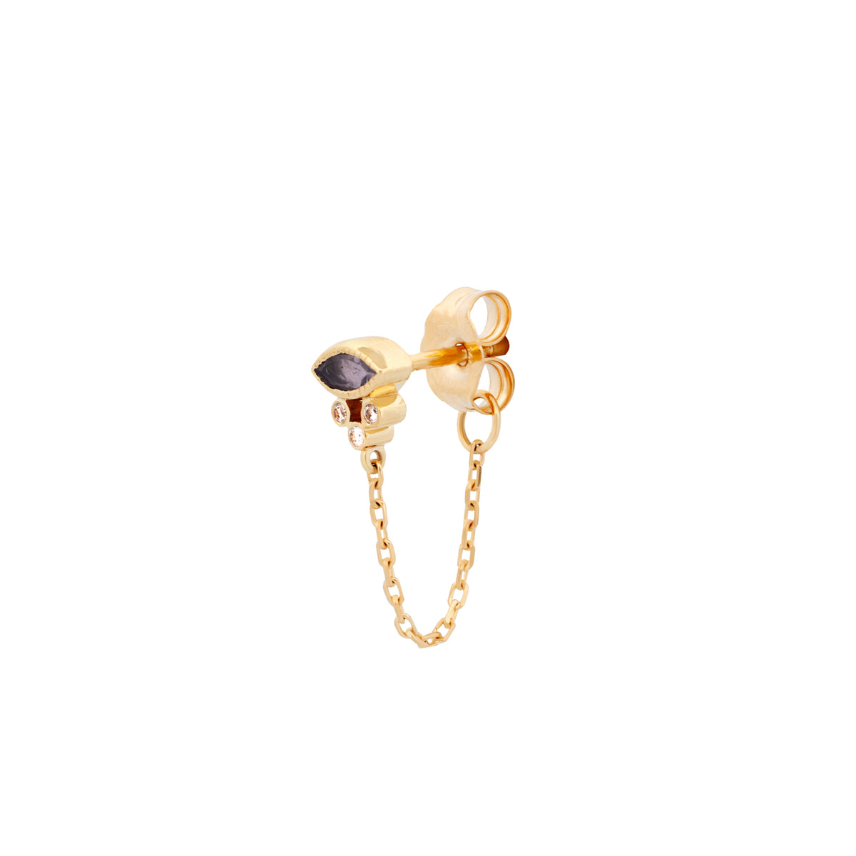 Celine Daoust Single Marquise Chain Earring: 14K gold stud with a marquise-cut dark stone, three diamonds, and a fine chain.