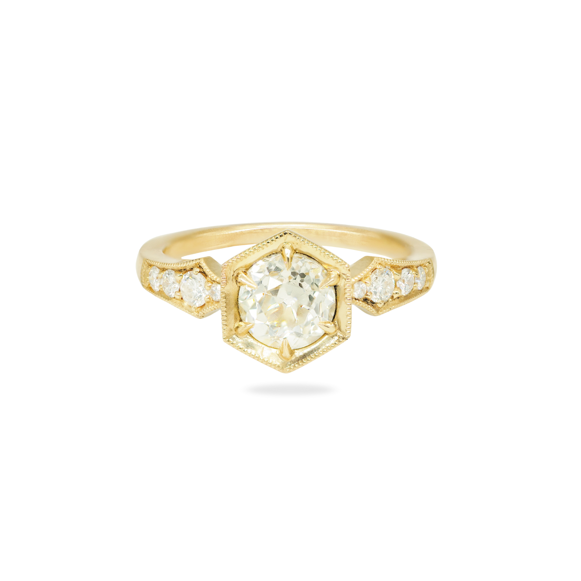 DMD Metal Hex Bezel Ring: 1.22ct antique Old European Cut diamond with side stones in 14K gold.