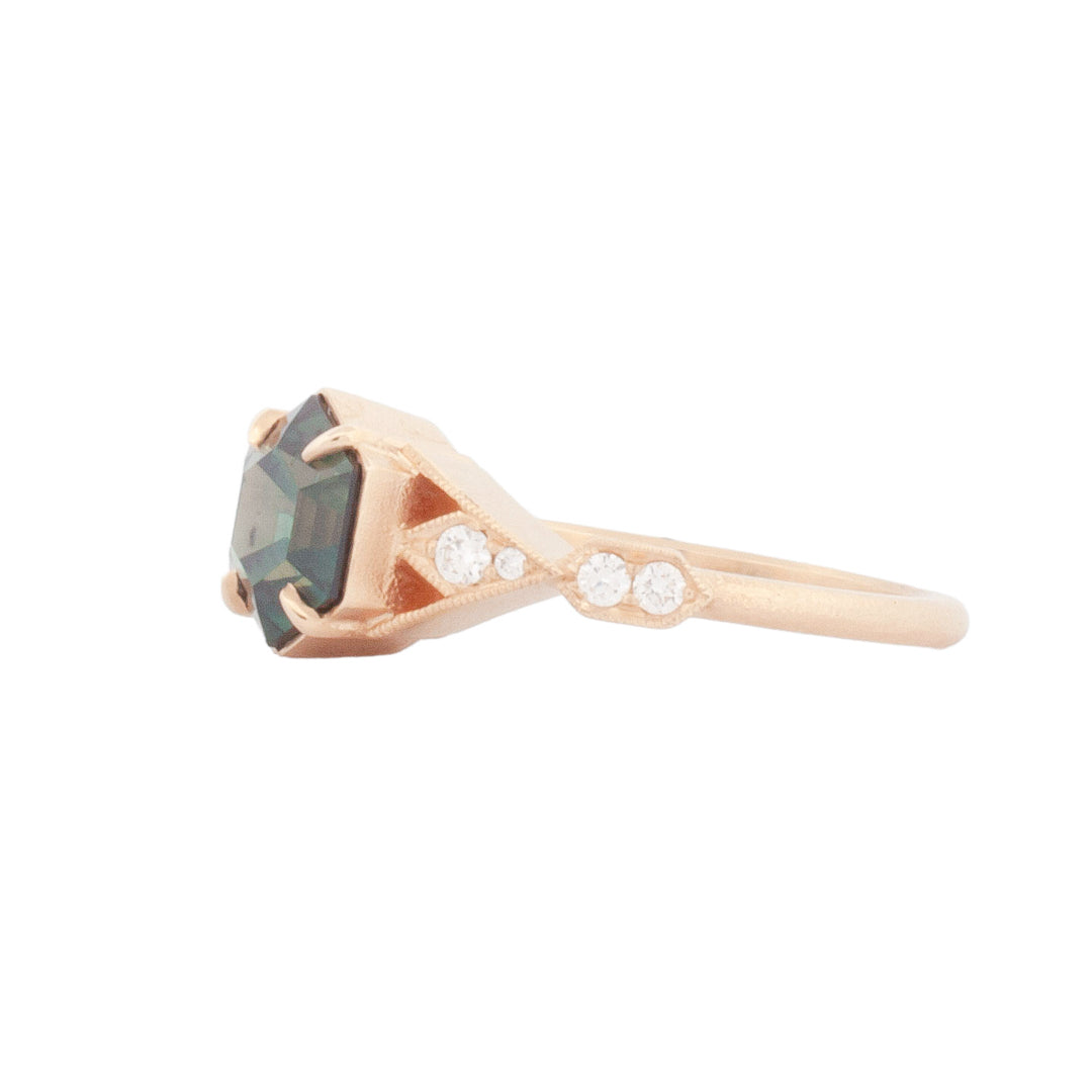 The XL Casia Vestra by DMD Metal features a 2.18ct teal Australian sapphire and diamond accents in 14K rose gold.