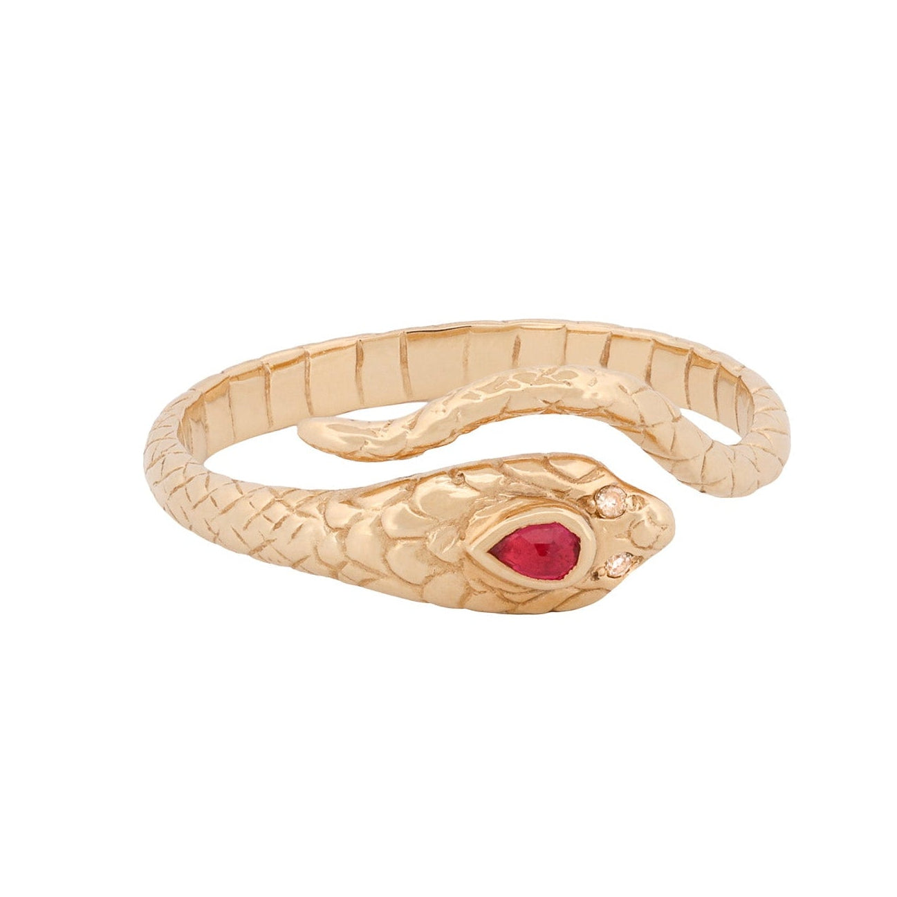 Celine Daoust Coiled Cobra Ring with textured scales and a colored gemstone set in the head.