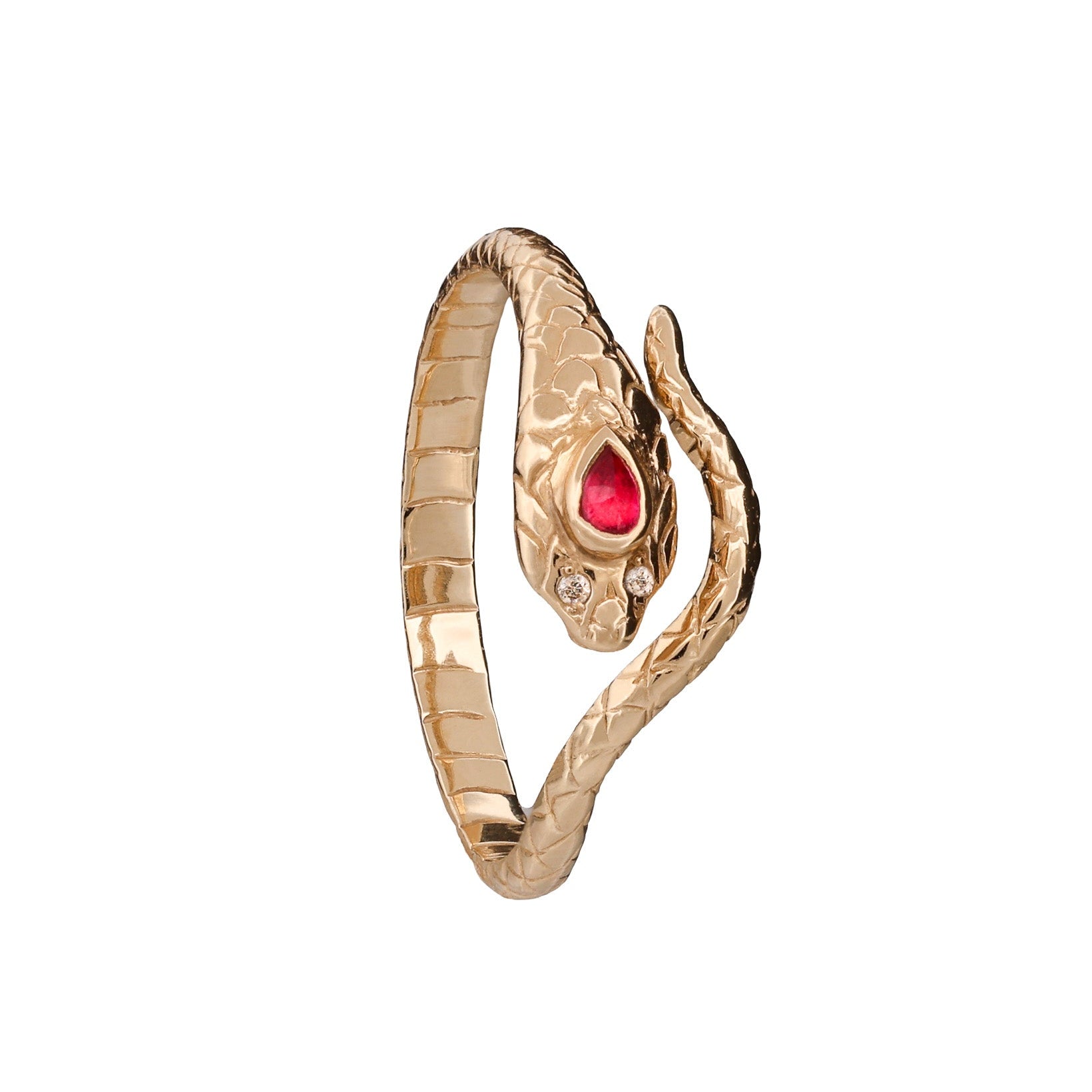 Celine Daoust Coiled Cobra Ring - Colored Gemstone: 14K gold ring with a red gem and two clear stones, shown on white.