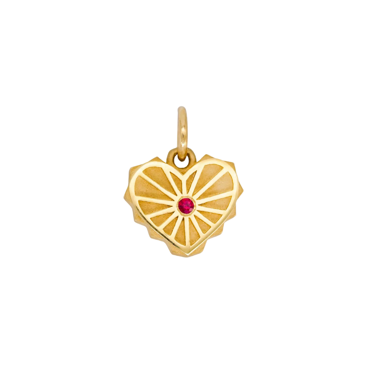 EMBLM Twin Flame Heart Charm: 14K gold, sunburst pattern, red gemstone, isolated on white background.