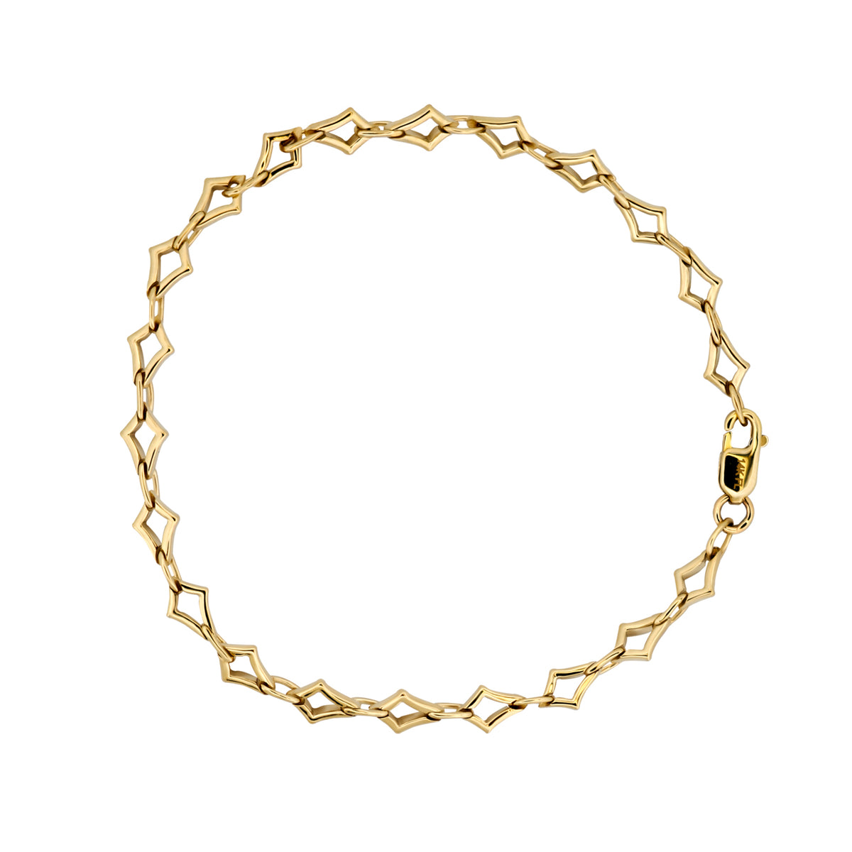 A gold chain bracelet with a repeating open geometric link pattern, displayed in a circular shape against a plain white background.