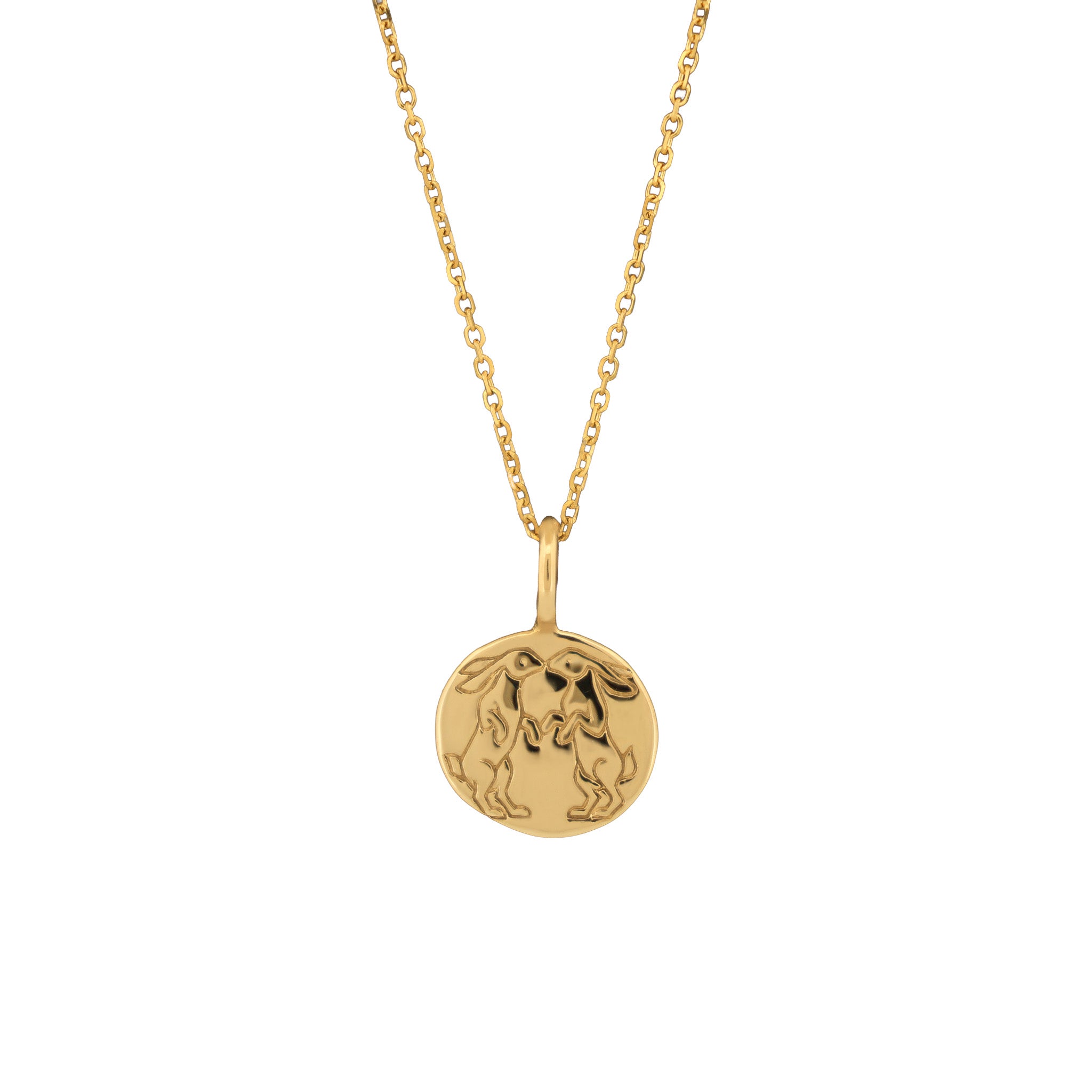 Digby & Iona Kissing Rabbits Necklace (G): 14K gold pendant with two rabbits facing each other.