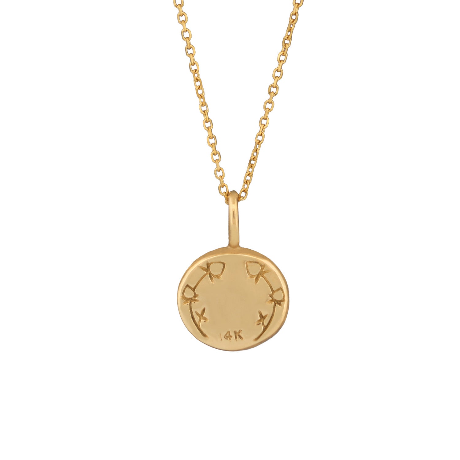 Kissing Rabbits Necklace (G) by Digby & Iona: 14K gold pendant with engraved leaves, rabbits, on a delicate chain.