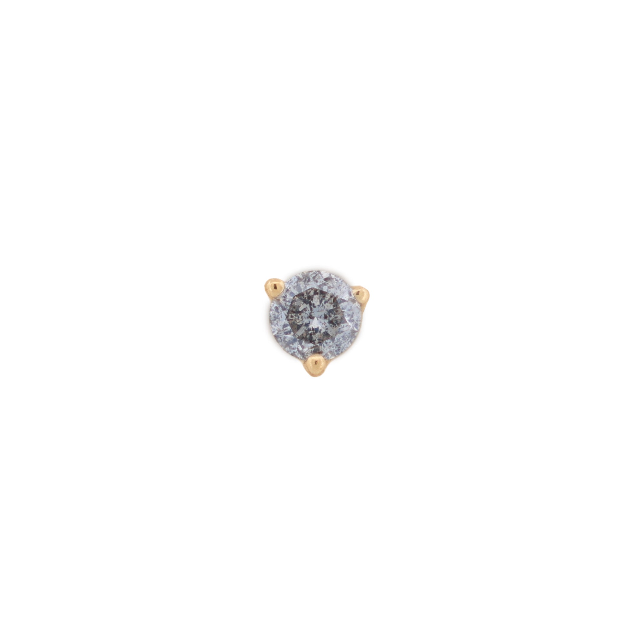 A Fiat Lux 3 Prong Round Colored Gem (2mm) stud earring in 14K gold on a white background.