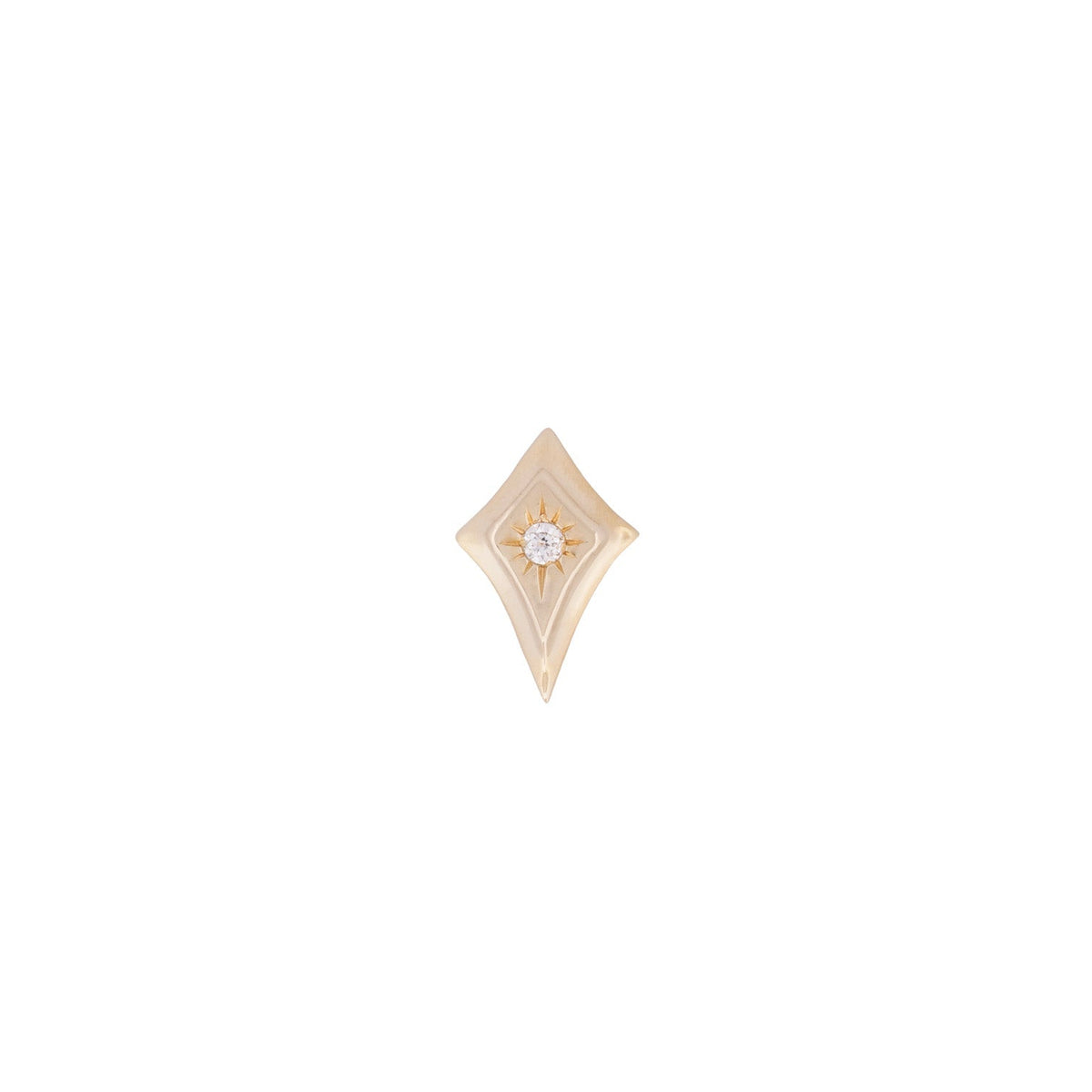 Fiat Lux Classic Radiant North Star Stud: gold rhombus 14K stud with a central gemstone on a white background.