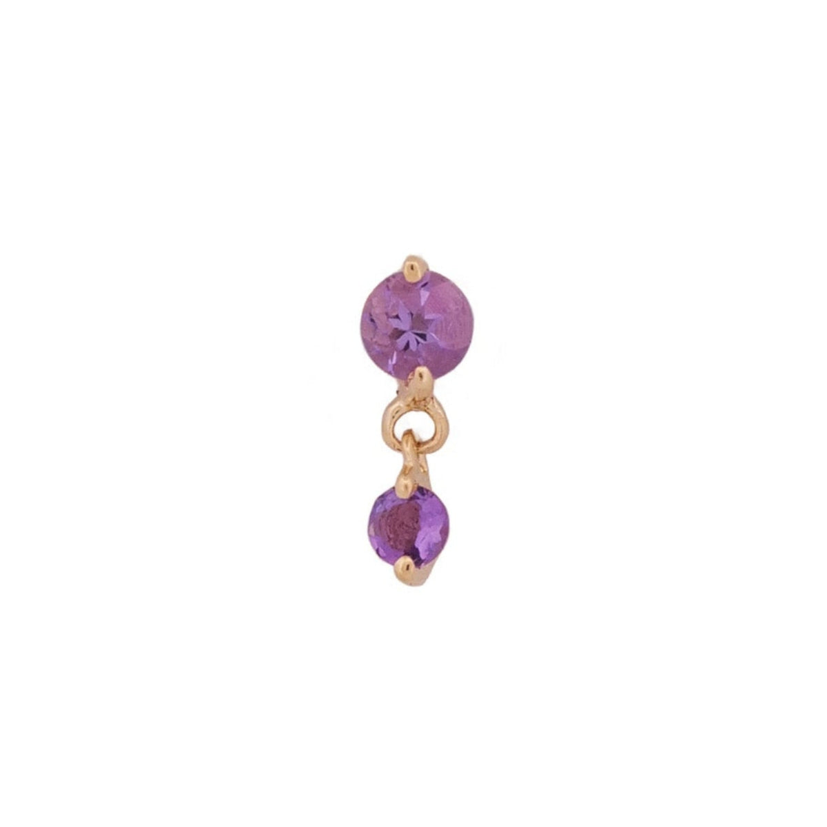 Fiat Lux Petite Twin Stars earrings: 14K gold, two 2mm purple stones—perfect piercing jewelry on white background.