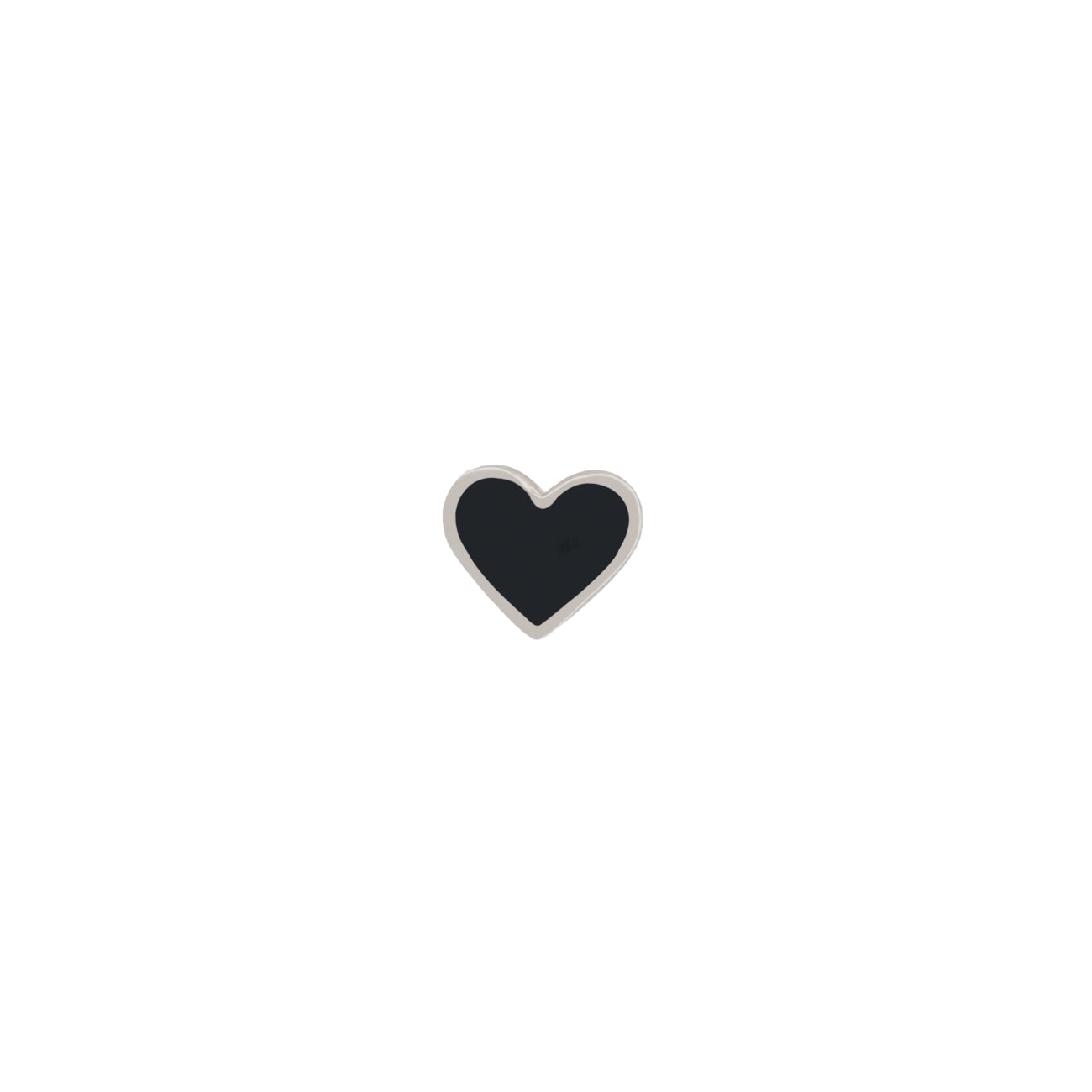 A small heart-shaped enamel pin with a black center and a white gold border, centered on a plain white background.