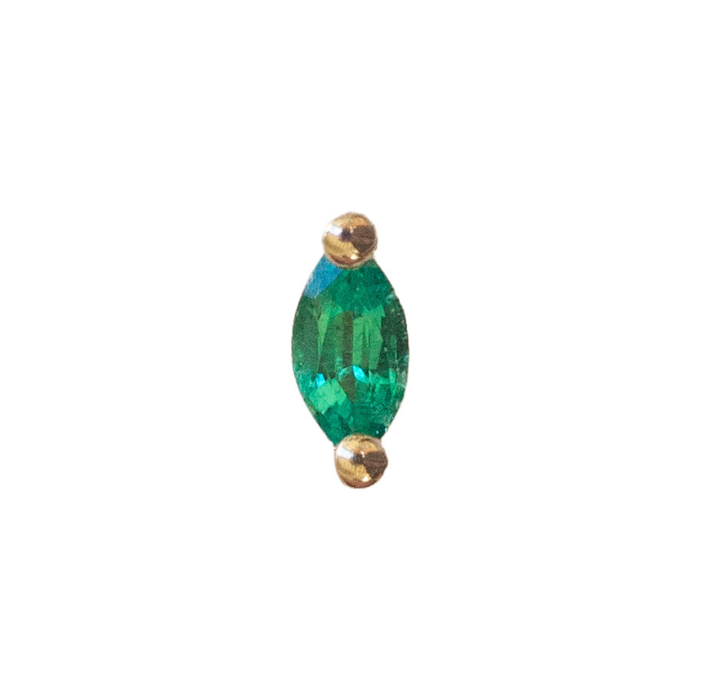 The Fiat Lux Grande Marquise Prong Colored Stone (4x2mm) is a green gem flatback with 14K gold beads on each end.