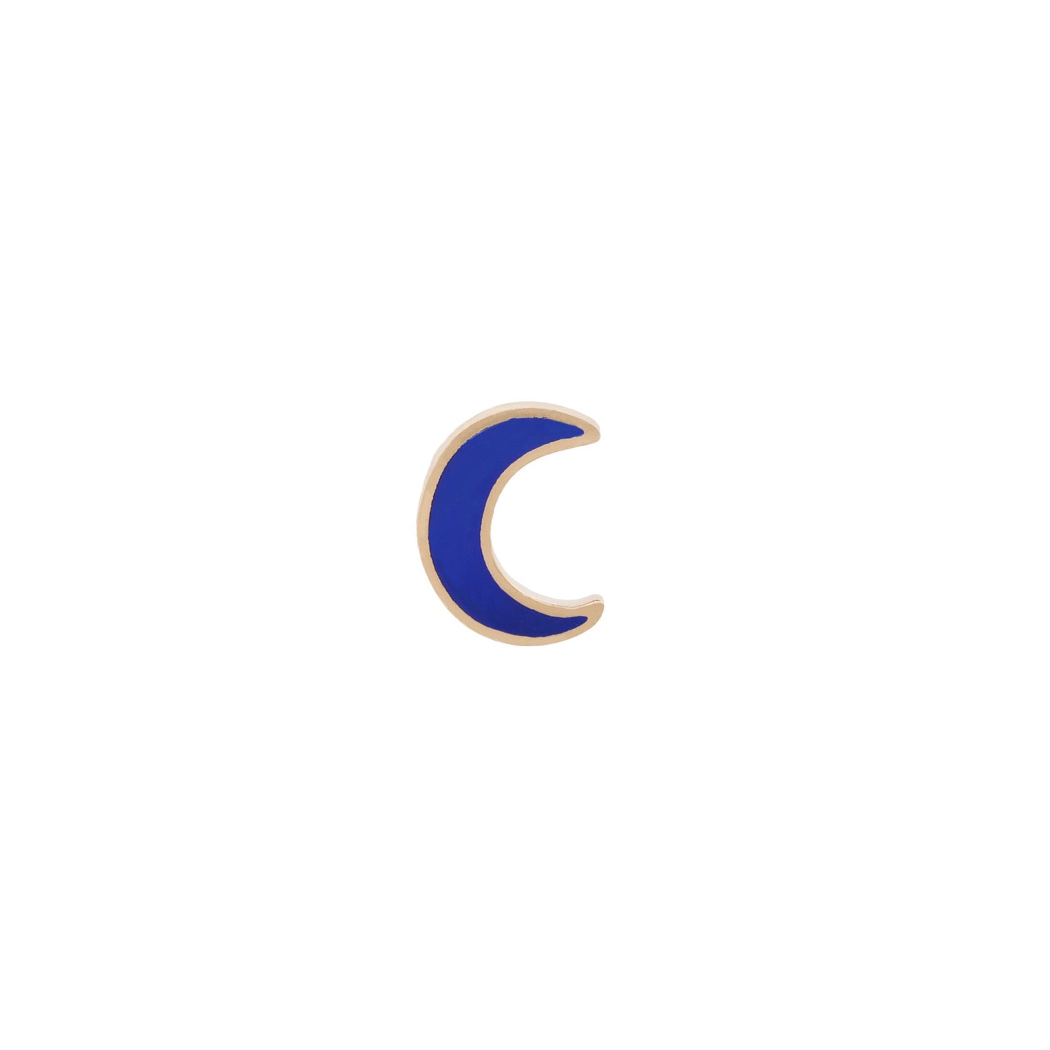 The Fiat Lux Color Moon Stud is a small, gold-outlined blue crescent moon for flatback piercings, shown on white.