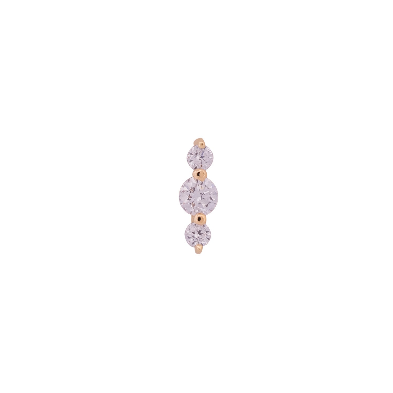 The Fiat Lux Orion Linear - White Diamond is a 14K gold stud with three vertically aligned round white diamonds.