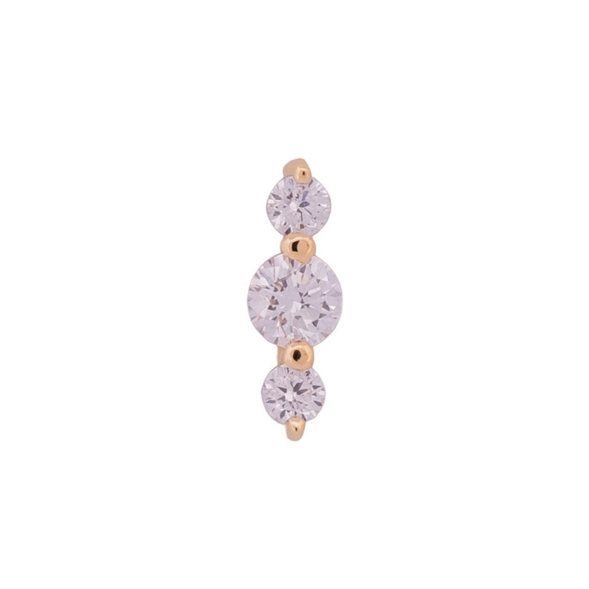 The Fiat Lux Orion Linear - White Diamond is a 14K gold stud with three vertically aligned round white diamonds.