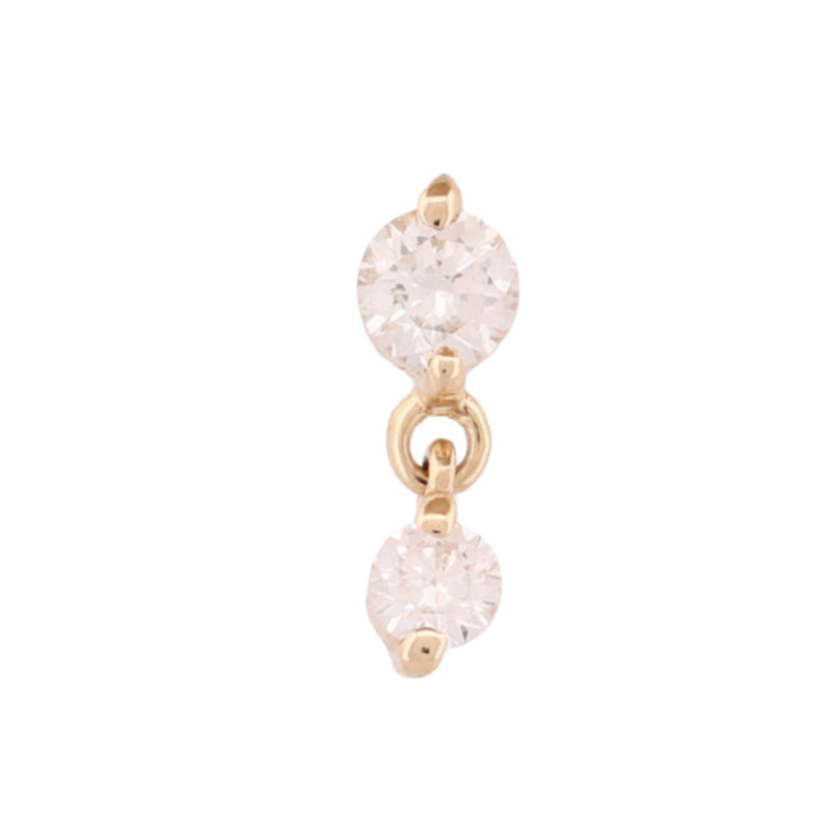 Classic Twin Stars - White Diamond (2.5mm) 14K gold stud earring with two dangling white diamonds.