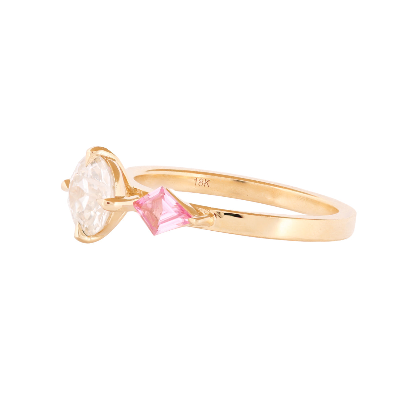 Fiat Lux Kite Calliope: 18K gold ring with 1.06ct Old European diamond and pink sapphire triangle gem.