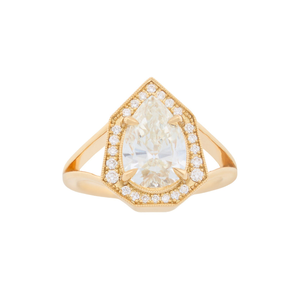 Fiat Lux Baby Grande Phoebe Ring: 18K gold, 2.04ct vintage pear diamond, pave halo, white background.