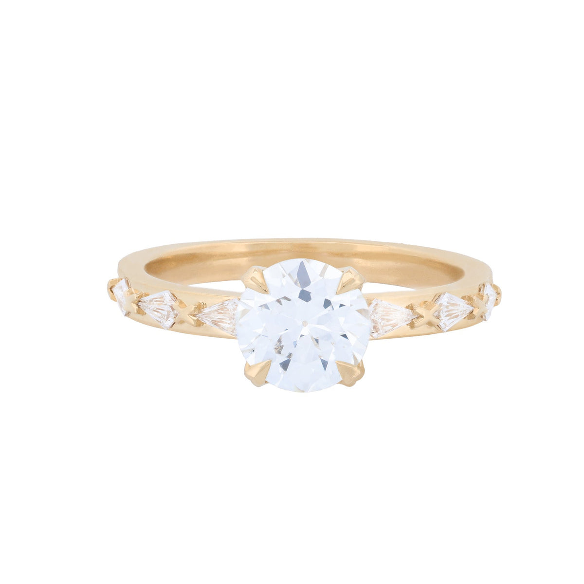 Fiat Lux Classic Theia Ring: 1.13ct transitional cut diamond, smaller diamonds, 14K gold, on white background.