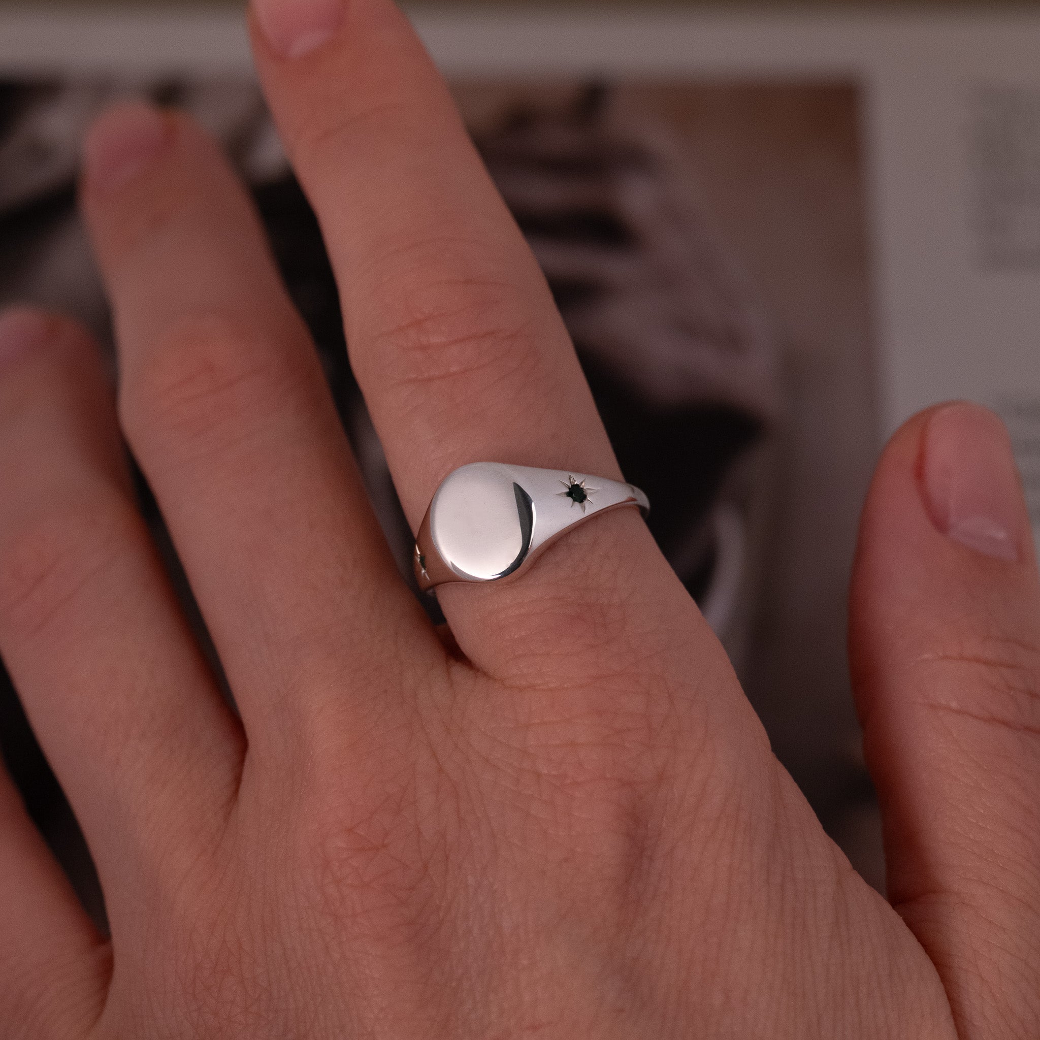 Classic Vertical Oval Signet Ring - Star Set (S)