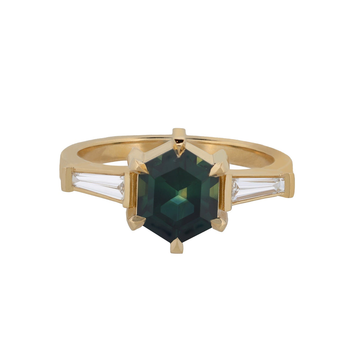 Fiat Lux Grande Calliope: 1.84ct teal hexagon Australian sapphire ring in 18K gold with tapered baguette diamonds.