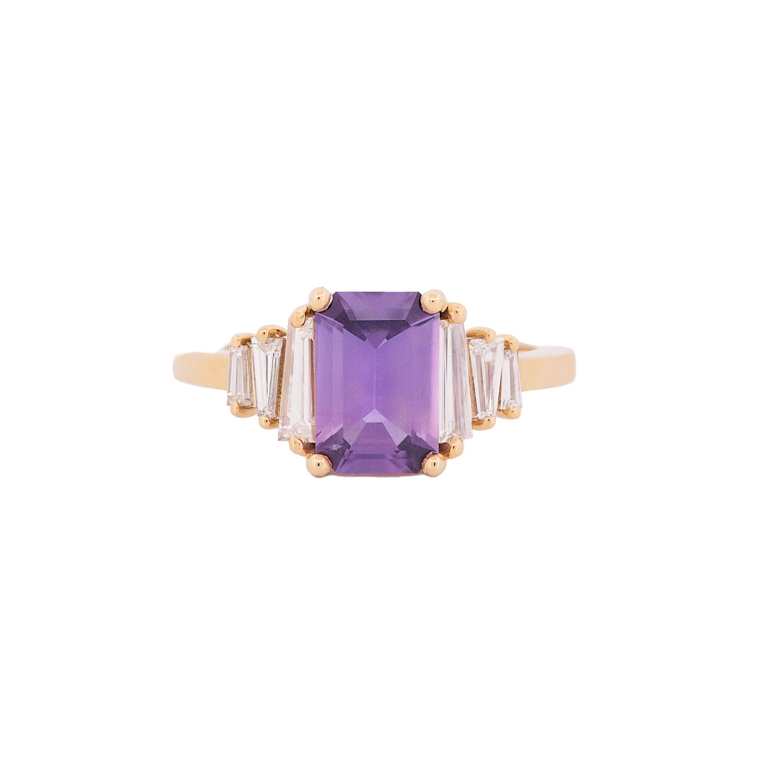 Fiat Lux Grande Calypso ring: 1.94ct mulberry pink sapphire with diamond baguettes on 18K gold, white background.