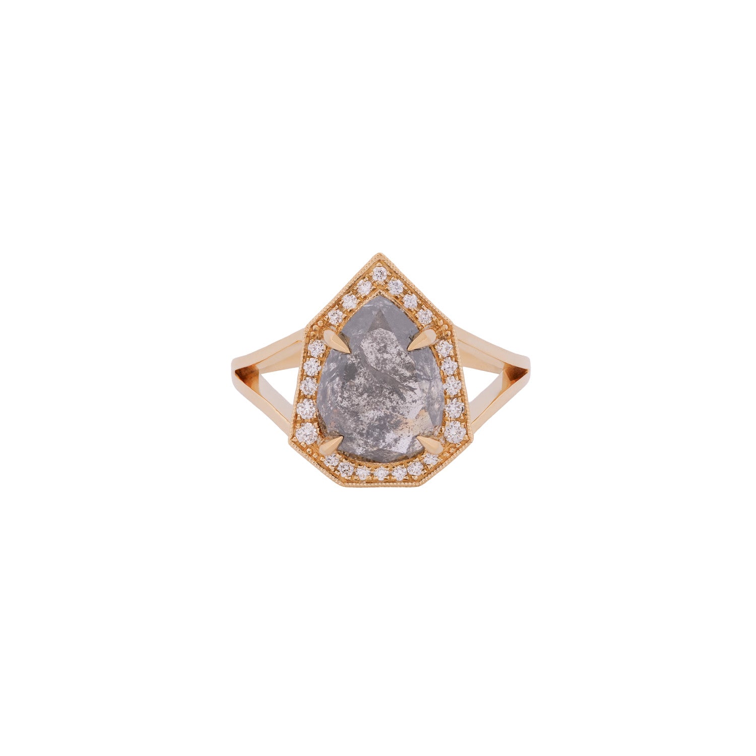 Fiat Lux Grande Phoebe: 18K gold ring with 4.88ct salt & pepper diamond center, haloed by small white diamonds.