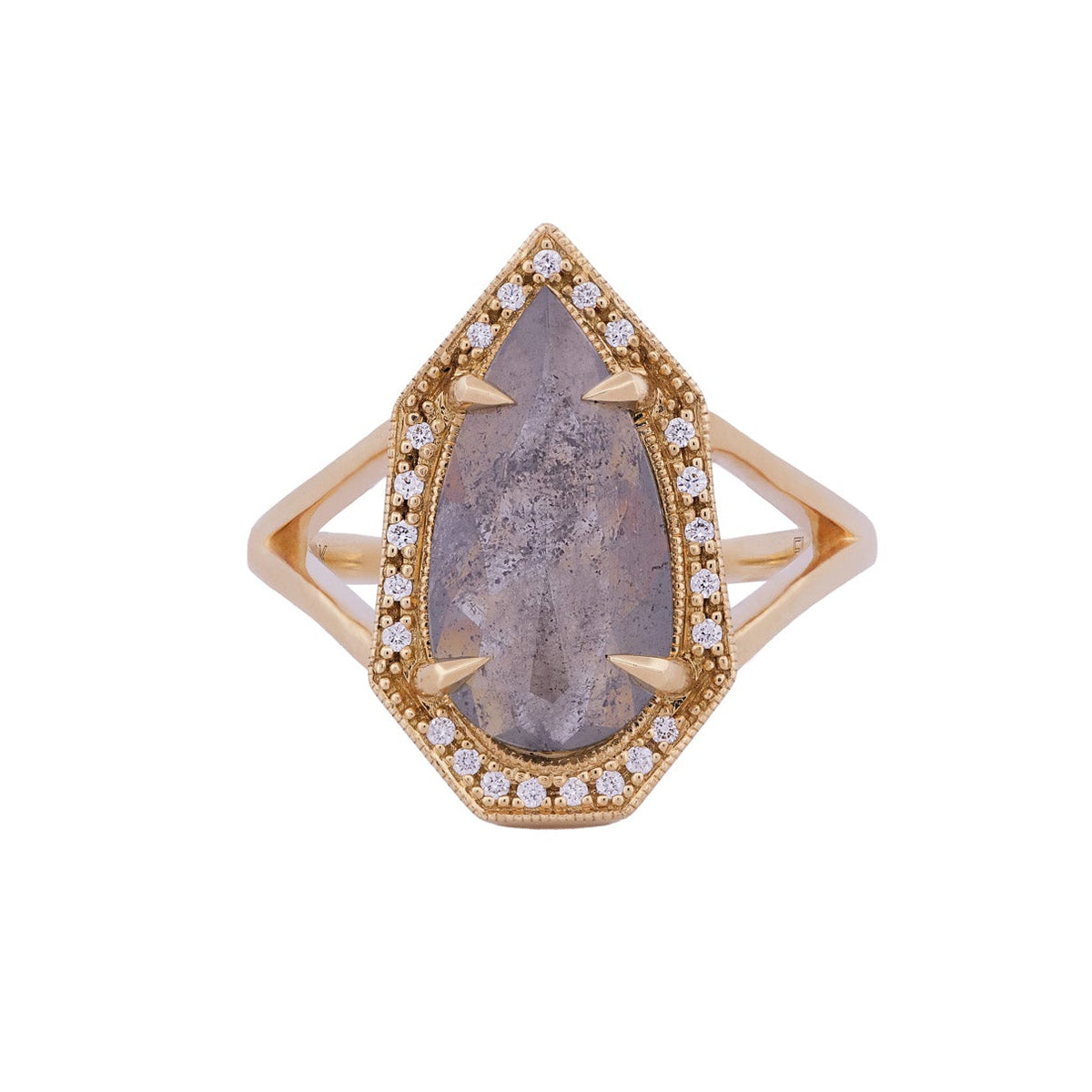 Fiat Lux Grande Phoebe Ring: 2.34ct soft grey salt & pepper diamond in 18K gold, haloed by round diamonds.