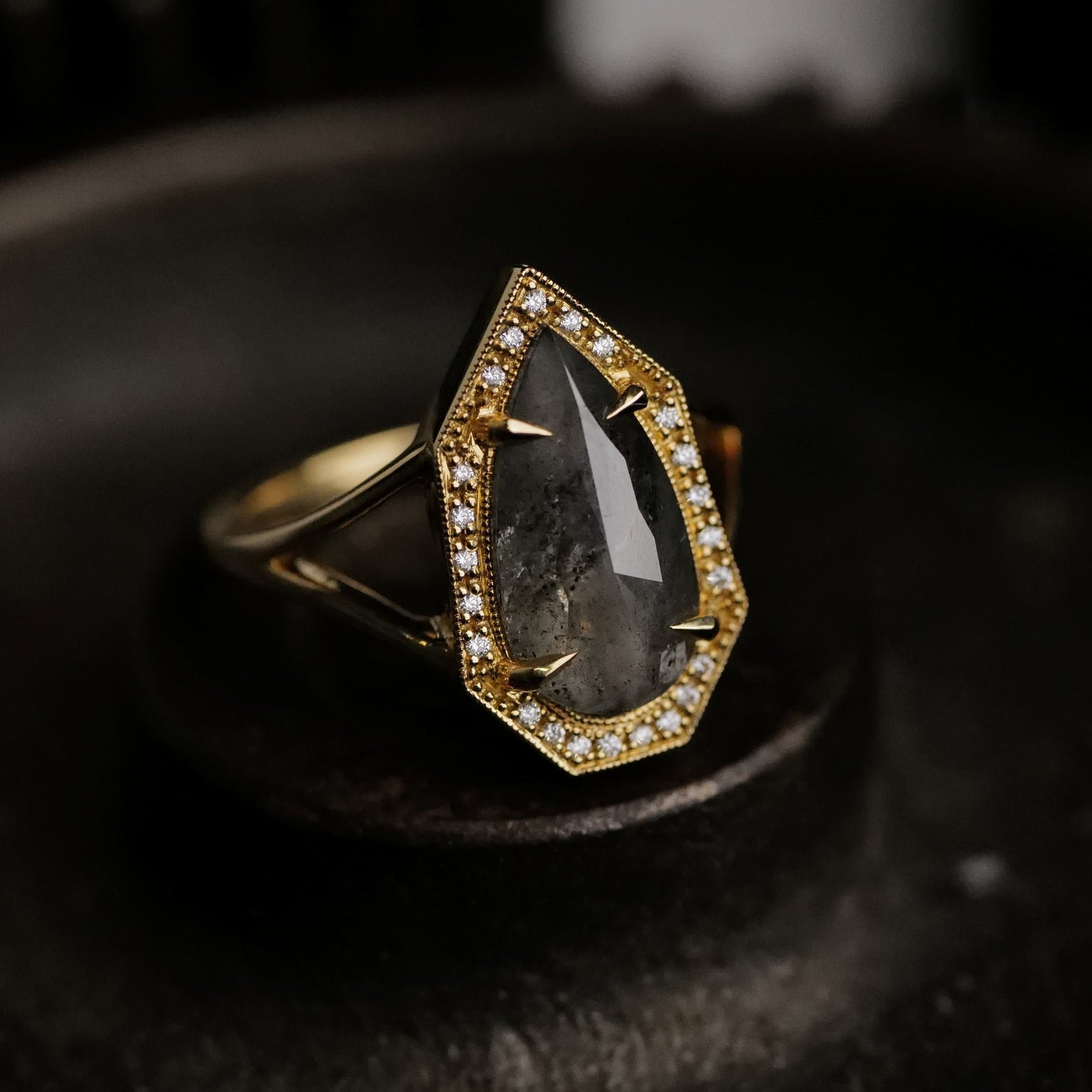 Fiat Lux Grande Phoebe Ring: 18K gold with 2.34ct soft grey salt & pepper diamond, accented by sparkling diamonds.