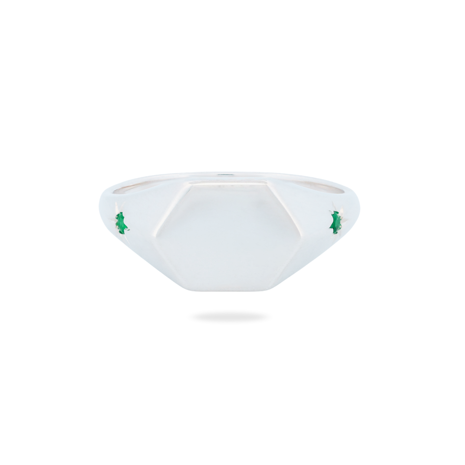 Fiat Lux Classic Hexagon Signet Ring - Star Set (S) in sterling silver with green star accents on white background.
