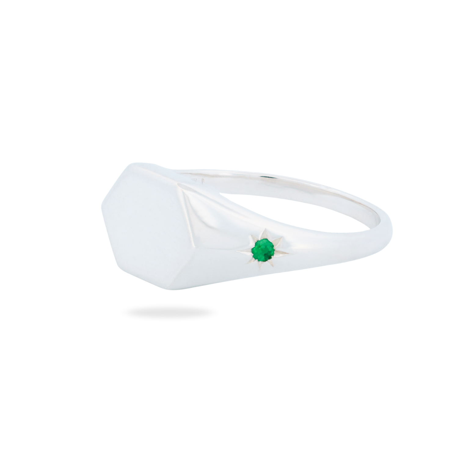 Fiat Lux Classic Hexagon Signet Ring - Star Set (S), sterling silver with green gemstone, on white background.