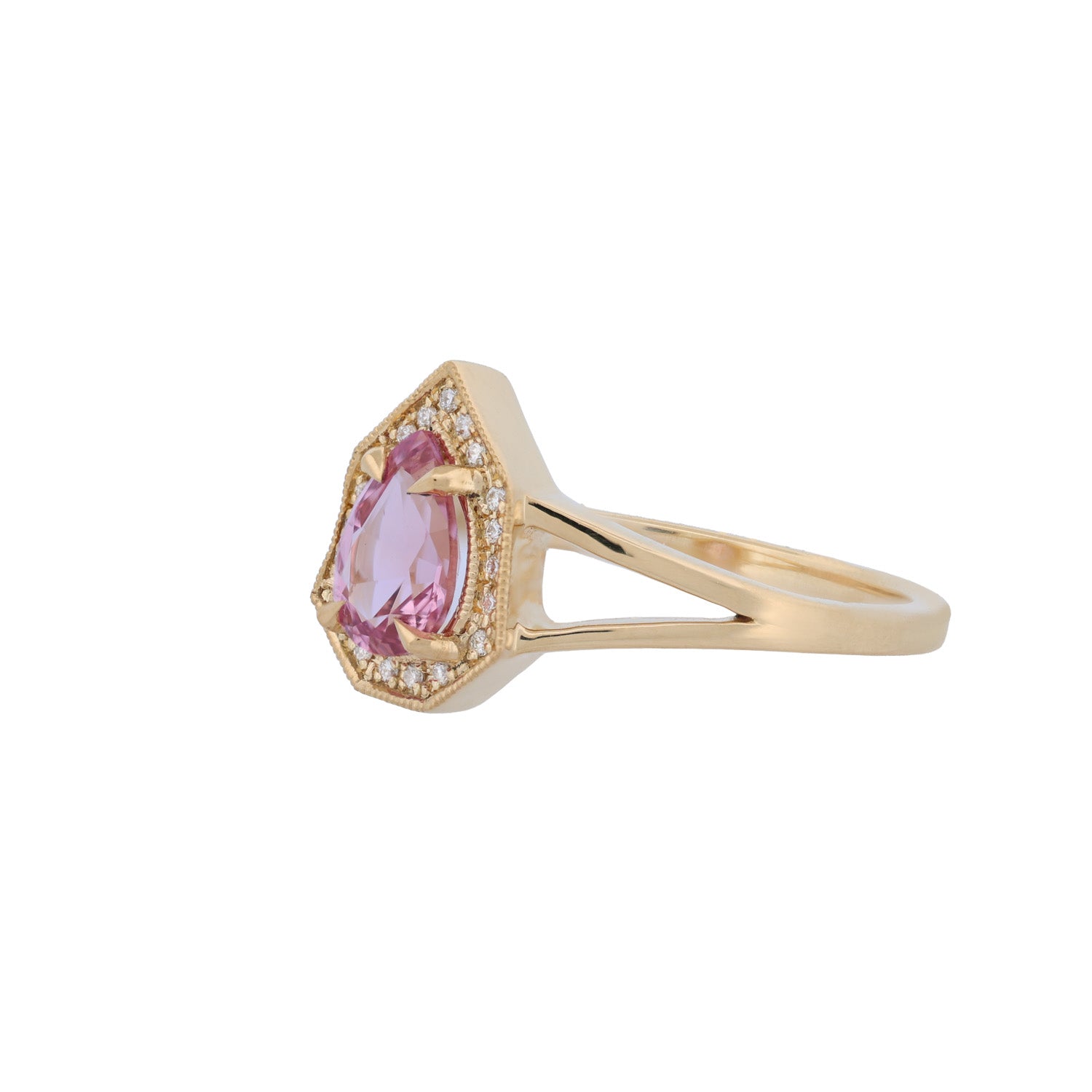 Fiat Lux Petite Phoebe Ring features a 0.82ct candy pink spinel and diamond halo in 18K gold, on white background.