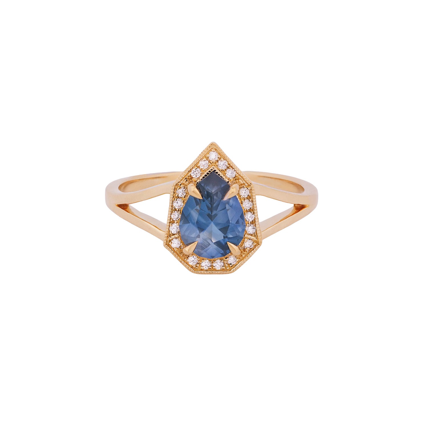 Fiat Lux Petite Phoebe ring: 1.15ct denim blue Montana sapphire, diamond halo, split shank, 18K gold.