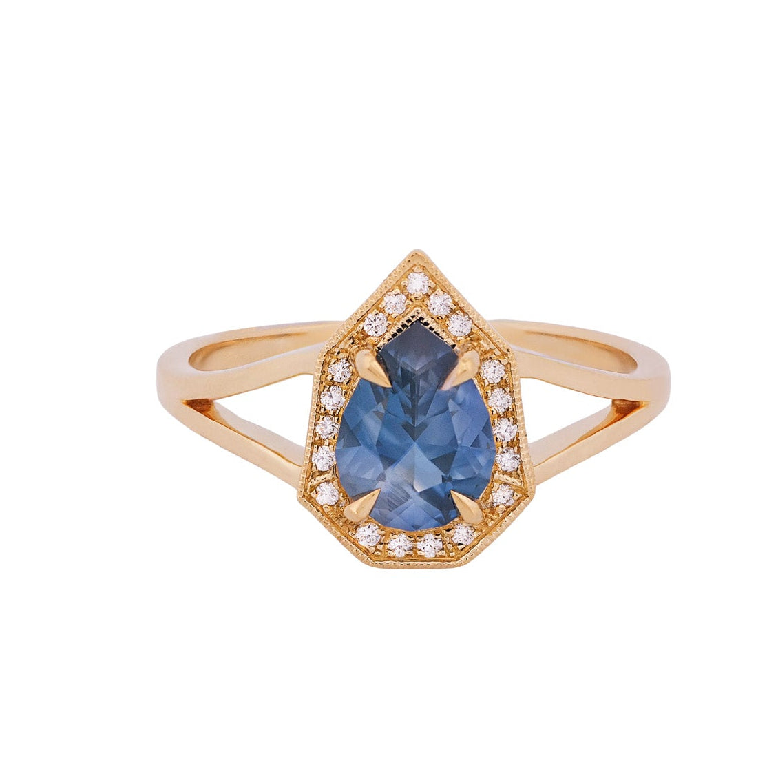 Fiat Lux Petite Phoebe ring: 1.15ct denim blue Montana sapphire, diamond halo, split shank, 18K gold.