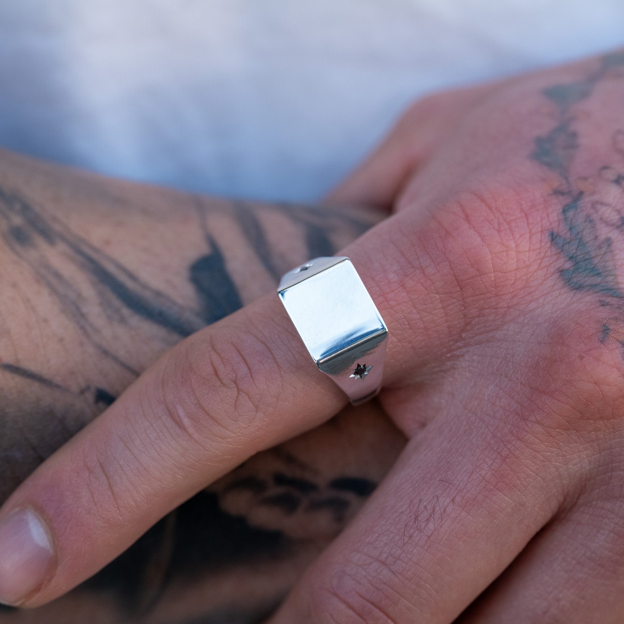 Grande Square Signet Ring - Star Set (S)