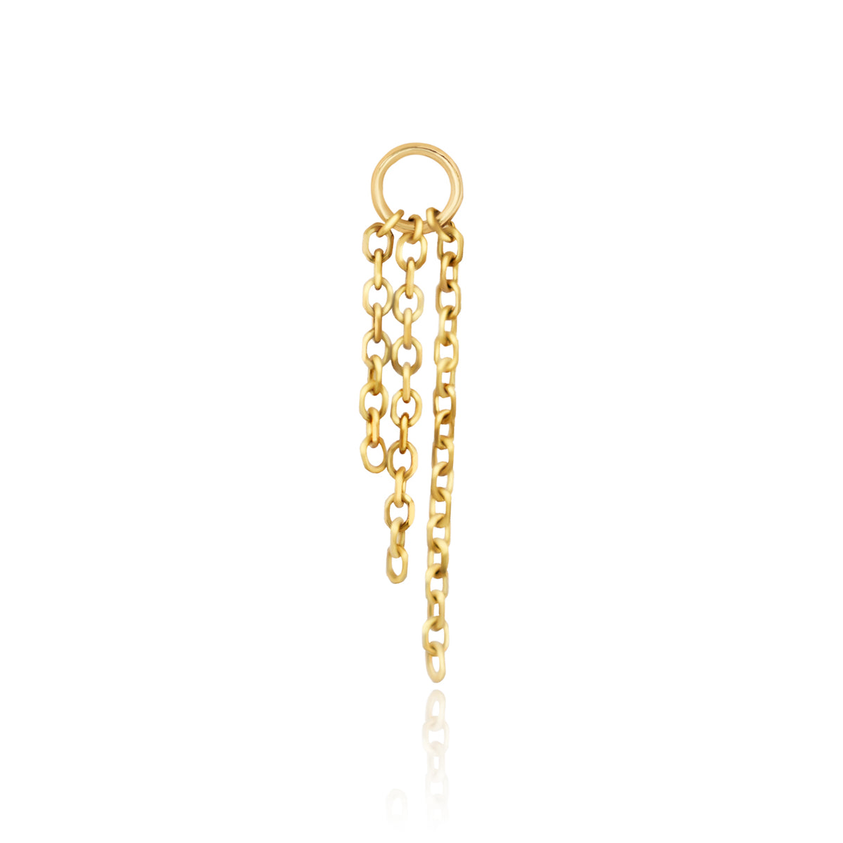 A gold chain earring with a circular top ring and three dangling chain sections of varying lengths, shown on a clean white background with a soft reflection below.