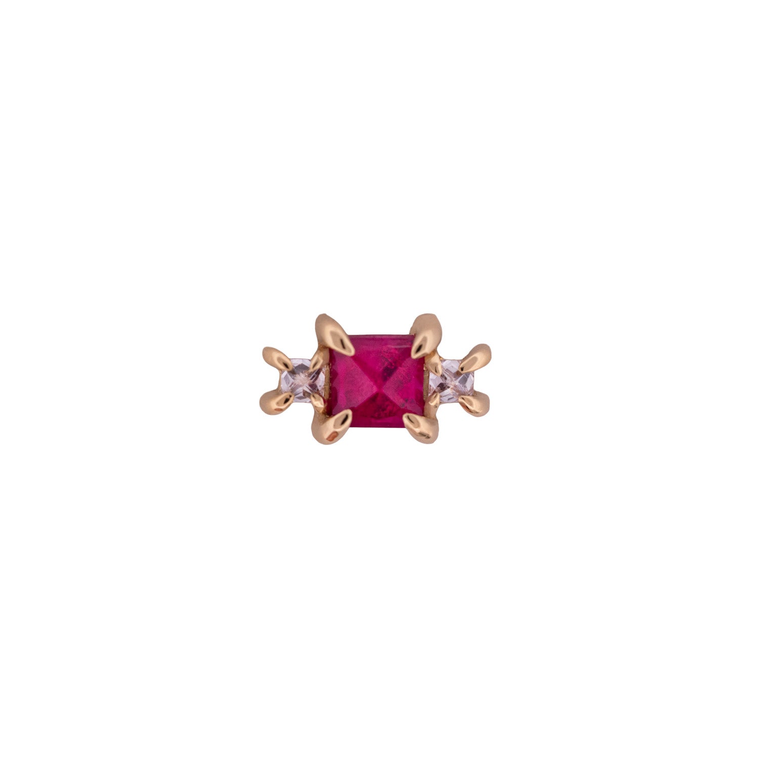 Fiat Lux’s Classic Temple Earring features a red rectangular gem, 14K gold prongs, and purple stones in a 3-stone stud.