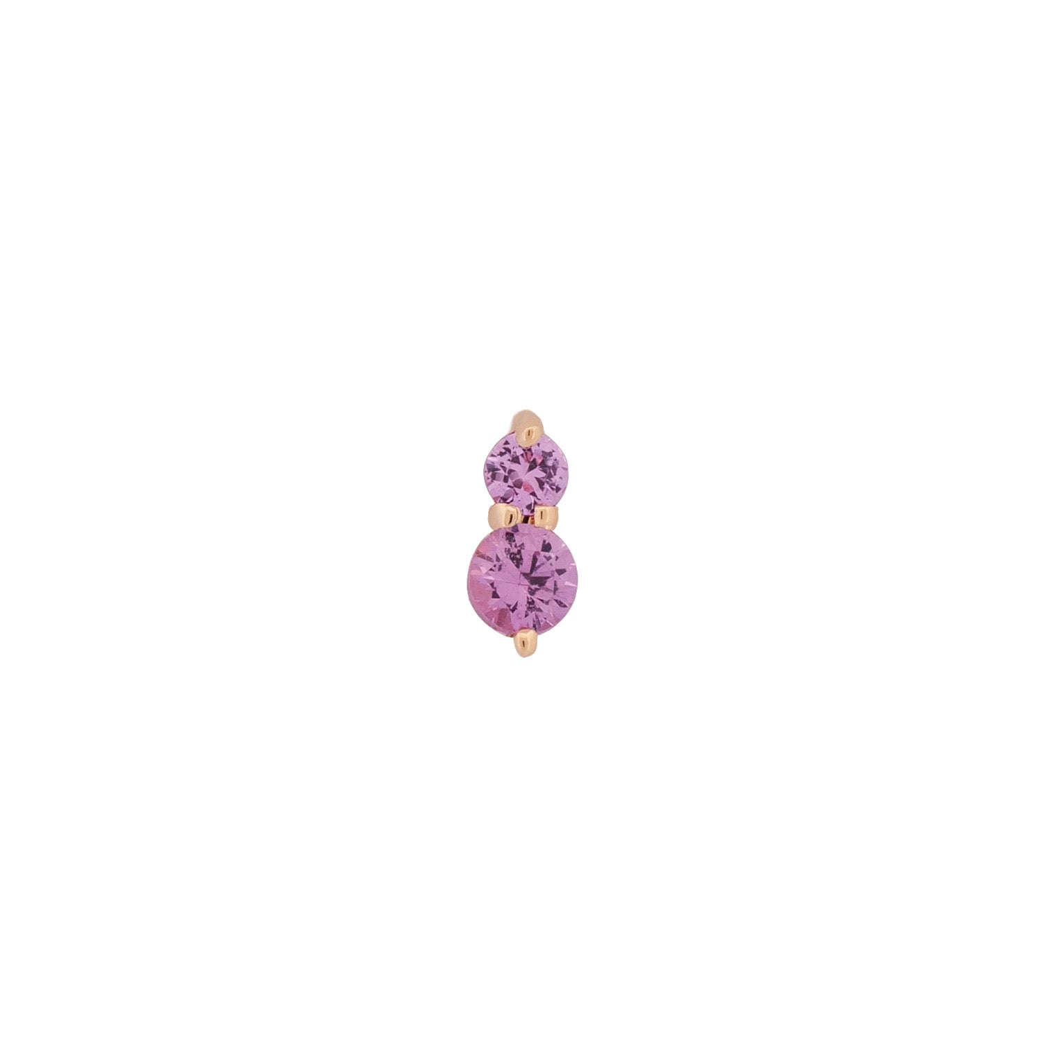 The Fiat Lux Graduated Gem Duo is a 14K gold flatback stud with two vertically stacked pink gems in different sizes.