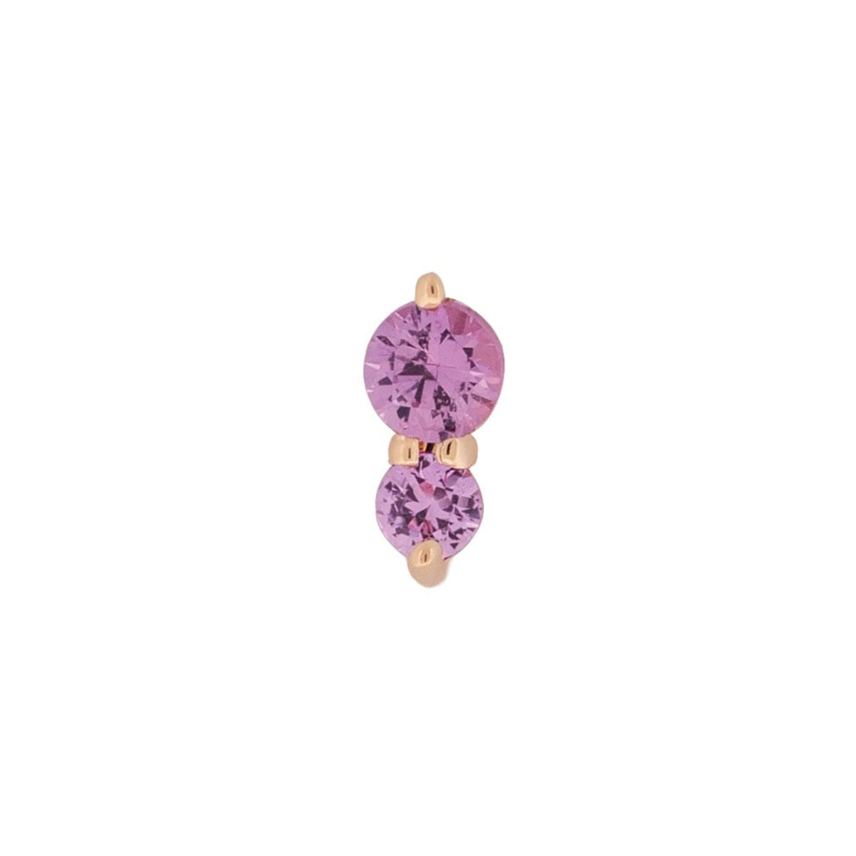 The Fiat Lux Graduated Gem Duo is a 14K gold flatback stud with two vertically stacked pink gems in different sizes.