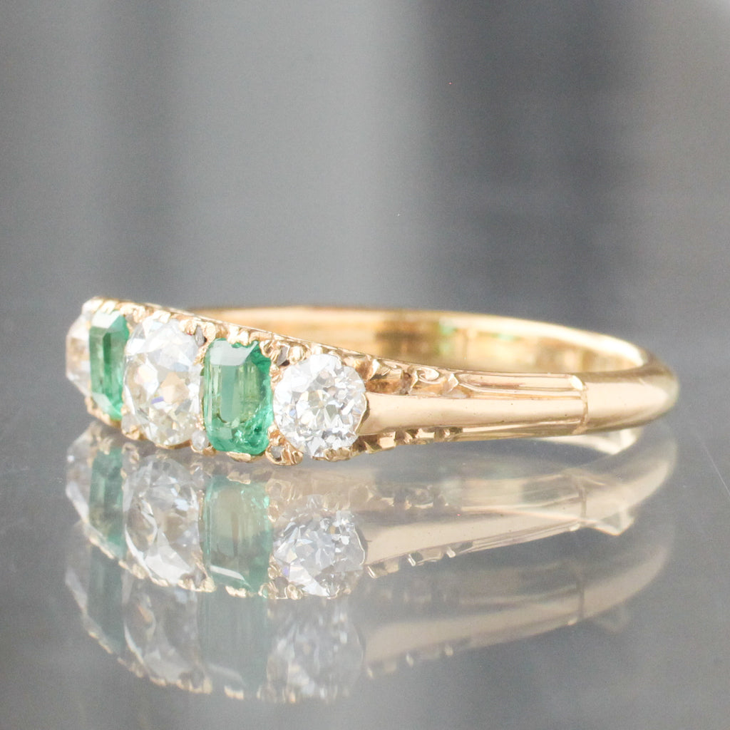 Antique 5 Stone Emerald & Diamond Ring