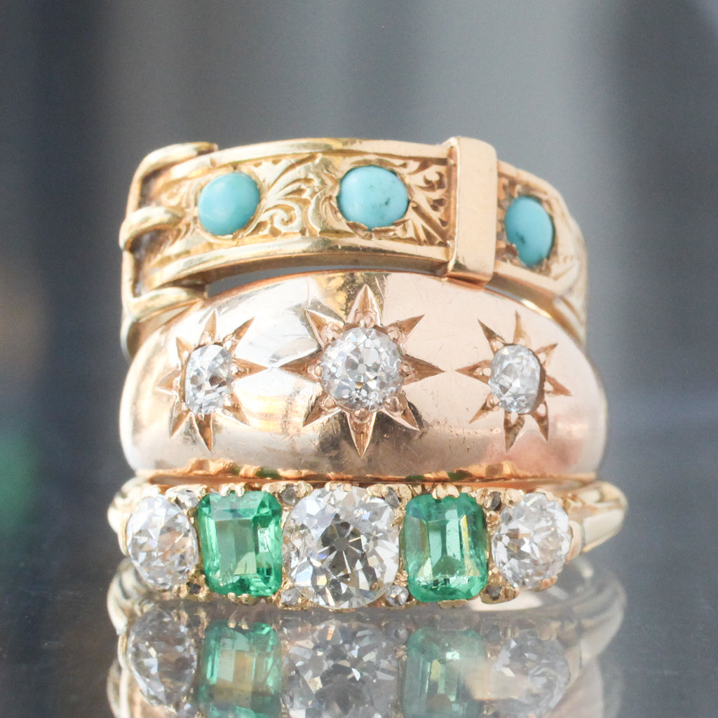Antique 5 Stone Emerald & Diamond Ring