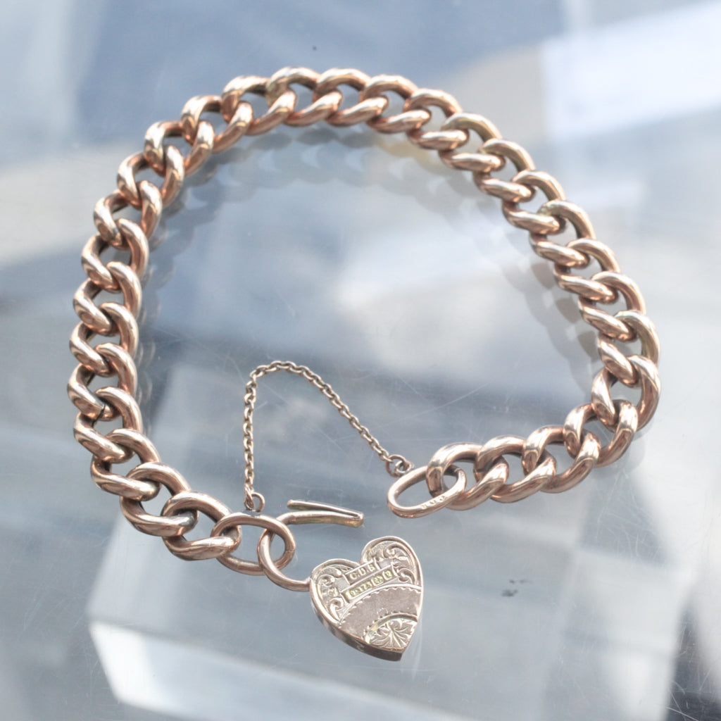 Victorian Engraved Curb Link Bracelet with Heart Lock Clasp