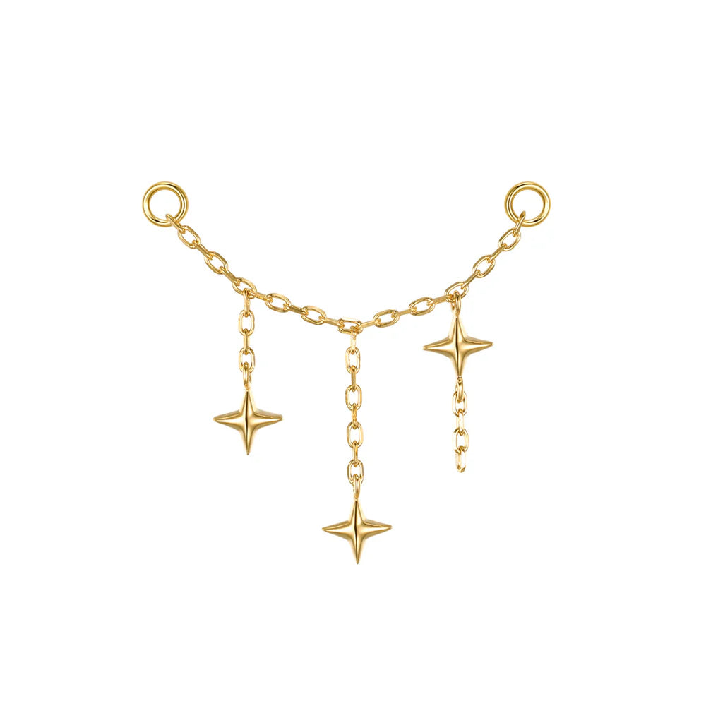 Modern Mood Orion Chain: gold connector with three star charms hanging from delicate links for a 14K gold labret.